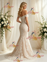 Champagne Mermaid Lace Off the Shoulder Wedding Dress