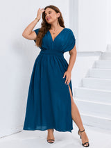 Solid Color V-neck Elastic Slit Plus Size Dress