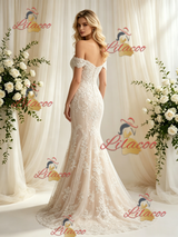 Champagne Mermaid Lace Off the Shoulder Wedding Dress
