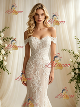 Champagne Mermaid Lace Off the Shoulder Wedding Dress