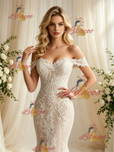 Champagne Mermaid Lace Off the Shoulder Wedding Dress
