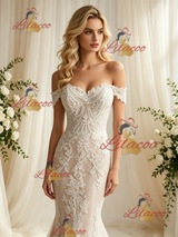 Champagne Mermaid Lace Off the Shoulder Wedding Dress