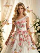 Beige White Tulle Lace One Shoulder Appliques Wedding Dress