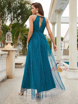 Blue Tulle Halter Pleats Prom Dress