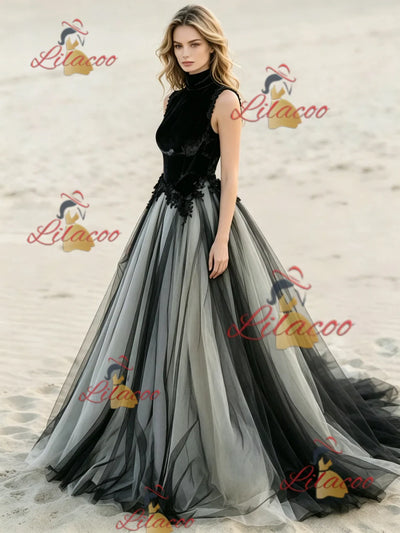 Black Tulle High Neck Appliques Wedding Dress