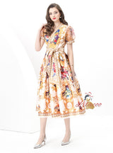 Long Printed Wrapped V-neck Dress