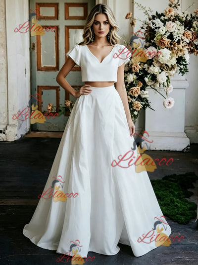 White Two Piece Cap Sleeve Wedding Dress