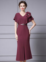 Burgundy V-neck 3D Flower Mother Of The Bride Dress