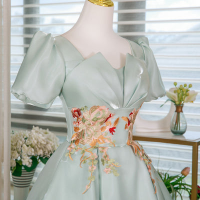 Green Puff Sleeve Appliques Homecoming Dress