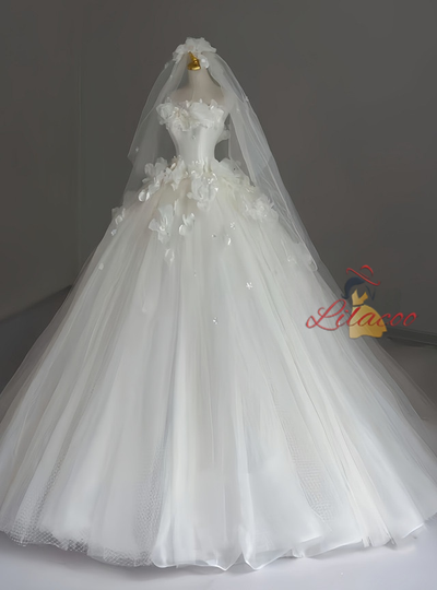 White Tulle Strapless 3D Flower Wedding Dress
