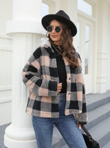 Button Padded Warm Lapel Plaid Plush Coat