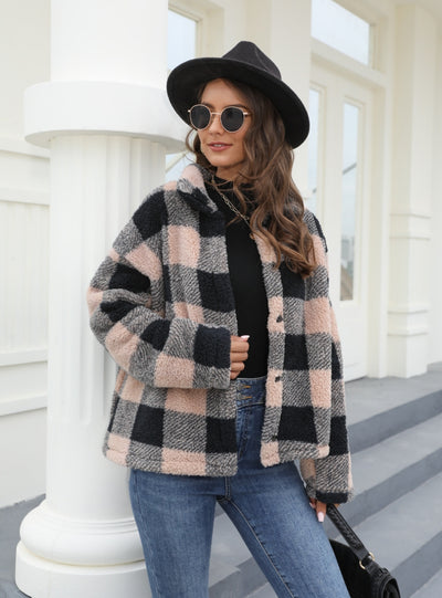 Button Padded Warm Lapel Plaid Plush Coat
