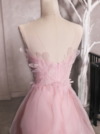 Pink Tulle See Through Neck Short Prom Dress