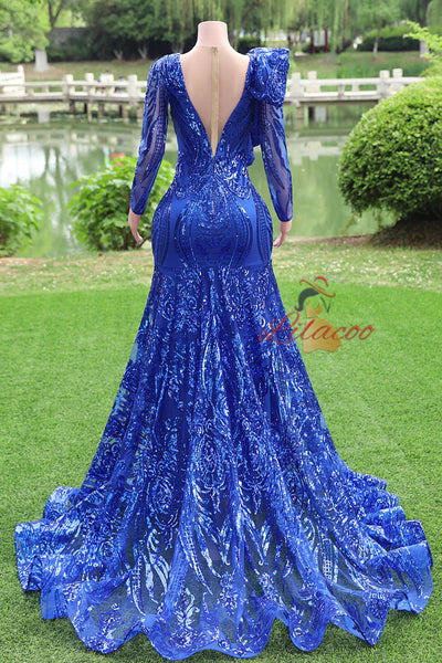 Royal Blue Mermaid Sequins Long Sleeve Prom Dress