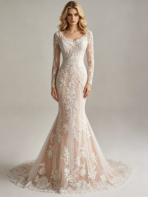 Mermaid Tulle Lace Long Sleeve Wedding Dess