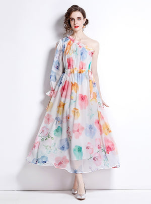 Bubble Sleeve Slim Print Dress