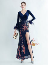 Velvet Sequins Long Sleeve V-neck Prom Dress