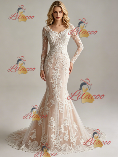 Mermaid Tulle Lace Long Sleeve Wedding Dess