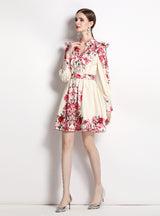 Long-sleeved Vintage Printed V-neck Dress