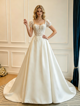 Beige White Satin Short Sleeve Lace Wedding Dress