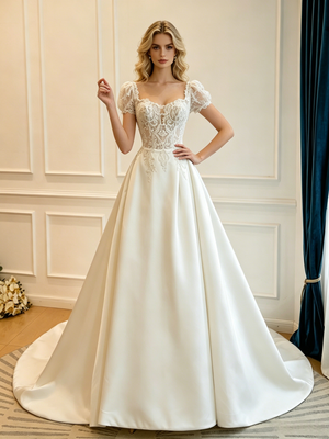 Beige White Satin Short Sleeve Lace Wedding Dress