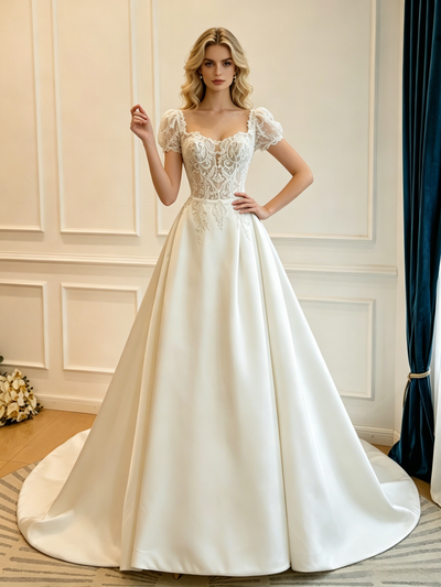 Beige White Satin Short Sleeve Lace Wedding Dress