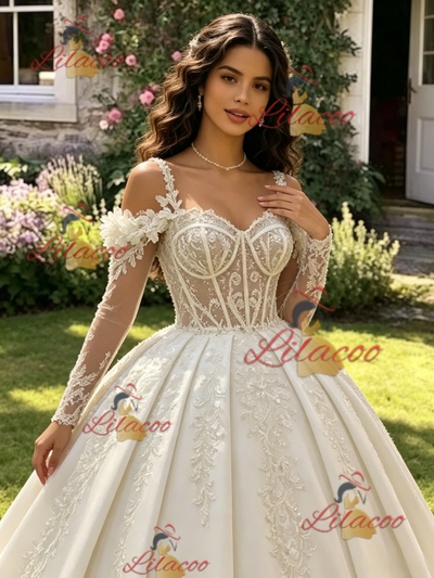 Ivory Long Sleeve Straps Appliques Quinceanera Dress