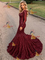 Burgundy Sequins Long Sleeve Prom Dress