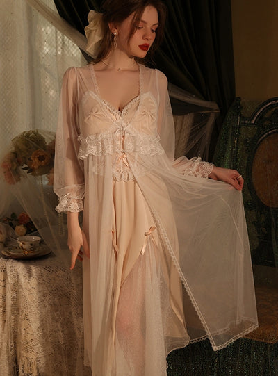 Deep V Bow Lace Nightdress with Chest Pad
