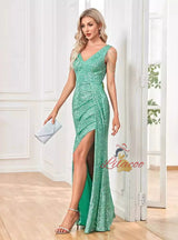V-neck Sequined Slit Evening Dress