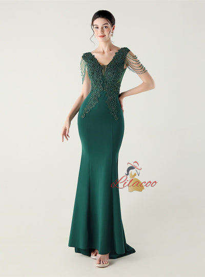 Mermaid V-neck Appliques Beading Prom Dress
