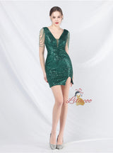 V-neck Sequins Mini Prom Dress