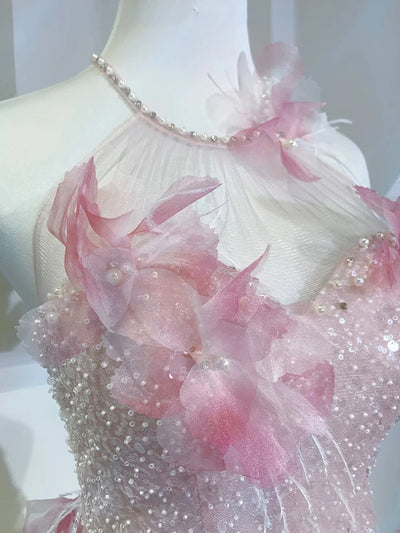 Pink Sequins Halter 3D Flower Prom Dress
