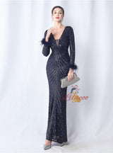 Long Sleeve Mermaid V-neck Prom Dress