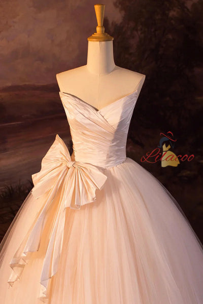 Champagne Tulle Pleats Bow Wedding Dress