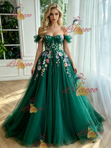 Green Tulle Off the Shoulder Appliques Prom Dress