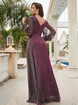 V-neck Long Sleeve Pleats Prom Dress