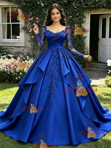 Royal Blue Satin Long Sleeve Appliques Quinceanera Dress