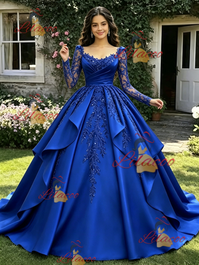 Royal Blue Satin Long Sleeve Appliques Quinceanera Dress