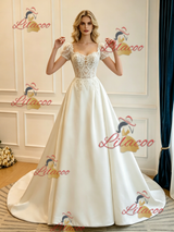 Beige White Satin Short Sleeve Lace Wedding Dress