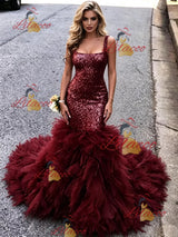 Bugrundy Mermaid Sequins Straps Prom Dress
