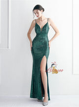 Straps Sequins Split Prom Dress