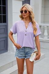 Solid Color V-neck Button Short Sleeve T-shirt