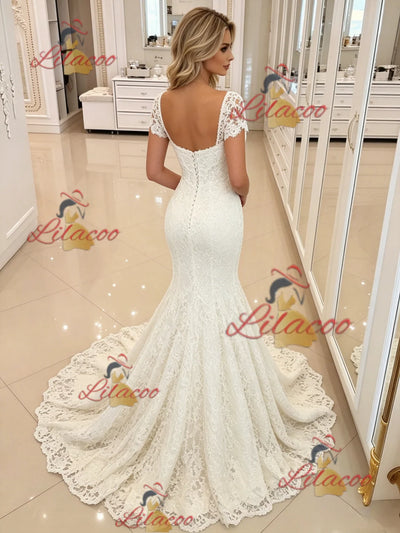 White Mermaid Lace Short Sleeve Wedding Dress