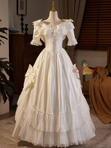 Satin Lace Short Sleeve Bow Wedding Dress
