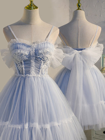 Blue Tulle Pearls Pleats Homecoming Dress