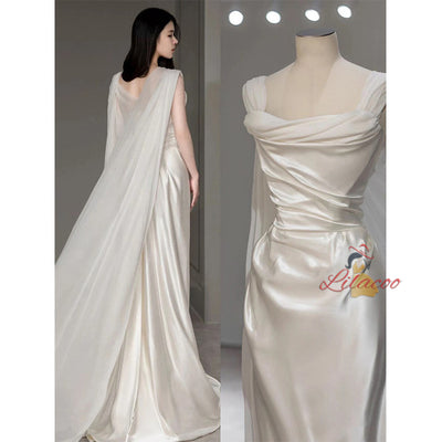 White Satin Pleats Wedding Dress