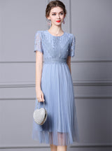 Blue Lace Short Sleeve Mother Of The Bride Dress