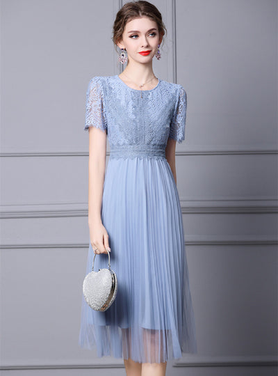 Blue Lace Short Sleeve Mother Of The Bride Dress