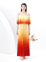 Gradient Pleats Off the Shoulder Long Dress